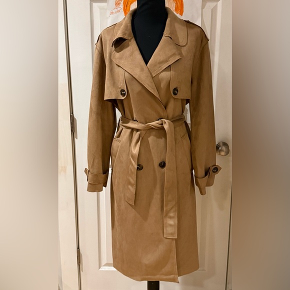 New Truth By Republic Elegant Tan Faux Suede Trench Coat Women's Size Medium - Picture 1 of 16